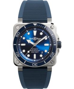 Bell & Ross BR 03 Diver Blue Steel watch with a 42mm matte steel case, deep blue dial, bold white Super-LumiNova hour markers, skeletonized hands, and a unidirectional rotating bezel with a blue aluminum insert and 60-minute dive scale.