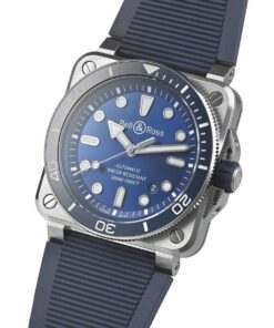 Side angle of the BR 03 Diver Blue Steel, highlighting its brushed stainless steel case, screw-down crown with protective guards, and knurled edges for enhanced grip, ensuring 300-meter water resistance.