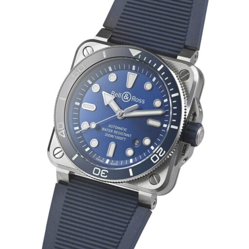 Side angle of the BR 03 Diver Blue Steel, highlighting its brushed stainless steel case, screw-down crown with protective guards, and knurled edges for enhanced grip, ensuring 300-meter water resistance.
