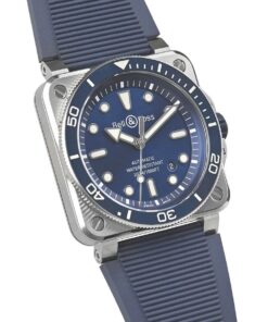 Close-up of the BR 03 Diver’s blue rubber strap with a ribbed texture, secured by a polished steel pin buckle, designed for durability and comfort in underwater conditions.