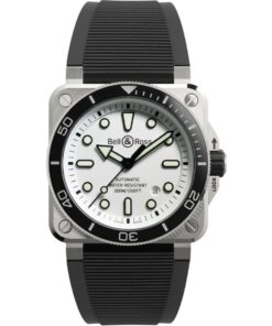 Bell & Ross BR 03 Diver White Steel watch featuring a 42mm brushed stainless steel case with crisp white dial, bold black hour markers with Super-LumiNova coating, skeletonized black hands, and a unidirectional rotating black ceramic bezel with 60-minute dive scale in white markings.