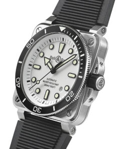Profile view of the BR 03 Diver White Steel showcasing its angular stainless steel case with satin finish, prominently displayed screw-down crown with protective guards, and distinctive case geometry that ensures 300m water resistance.