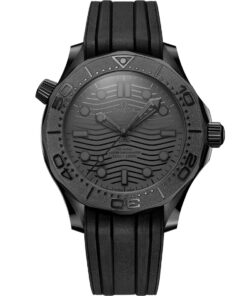 Front view of the Omega Seamaster Diver 300M 210.92.44.20.01.003 showcasing its black ceramic case, laser-engraved wave-pattern dial, and bold white hour markers.