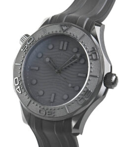 Right side view of the Omega Seamaster Diver 300M with close-up of the screw-in crown and helium escape valve.