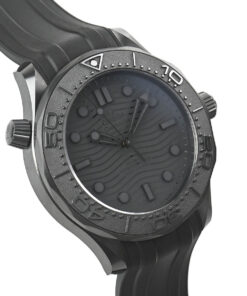 Left side profile of the Omega Seamaster Diver 300M, highlighting the streamlined ceramic case and integrated black rubber strap.