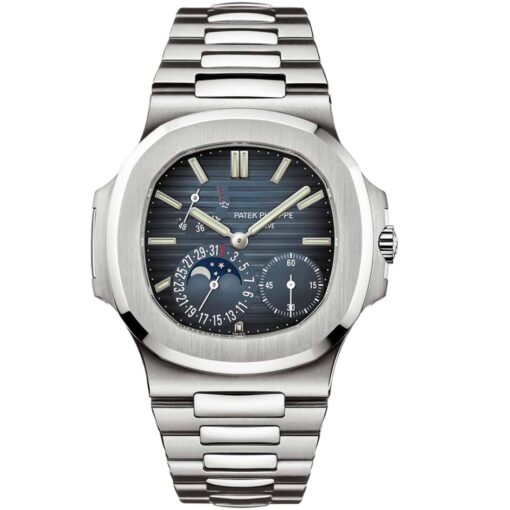A close-up of the Patek Philippe Nautilus watch face, showing its iconic blue dial with a horizontal embossed pattern, luminescent hands and markers, and a moon phase indicator surrounded by a date sub-dial.