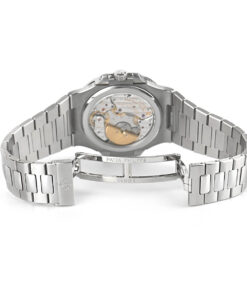 The sealed case back of the Nautilus watch, made of brushed stainless steel and secured with four screws, representing the water-resistant design that protects the intricate self-winding movement within.