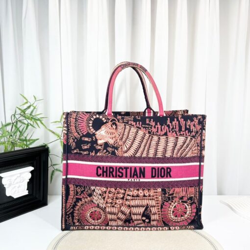 Dior Canvas Embroidered Dior Animals Tiger Book Tote Deep Blue Fuchsia