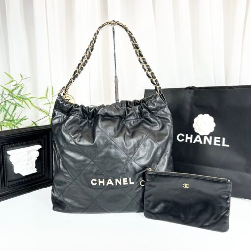 Chanel 22 Tote Shoulder Bag Black Calfskin Gold Hardware