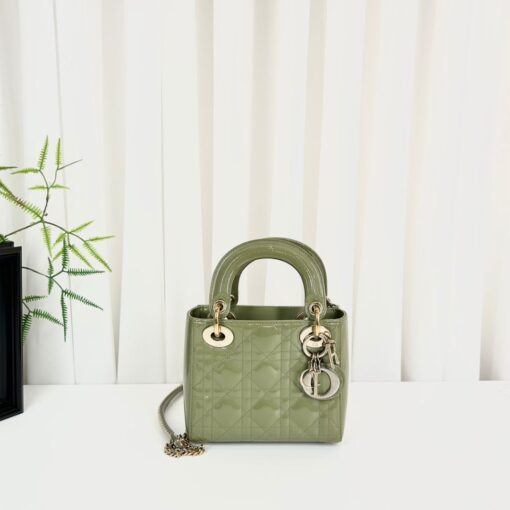 Dior Lady Dior Mini Top Handle Bag Green Patent Leather Silver Hardware