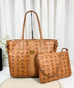MCM Visetos Large Liz Reversible Shopper Tote in Cognac