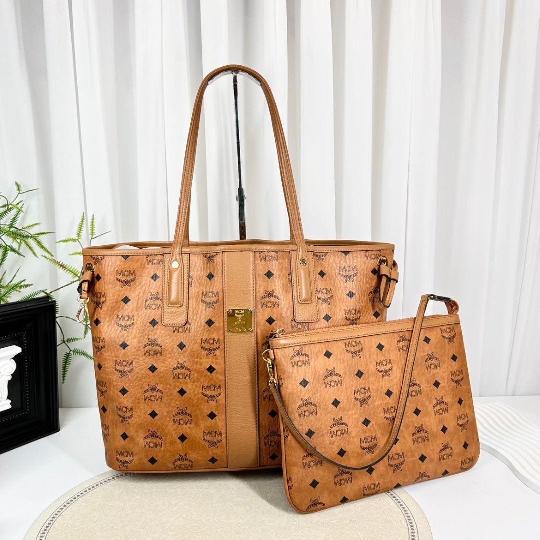 MCM Visetos Large Liz Reversible Shopper Tote in Cognac
