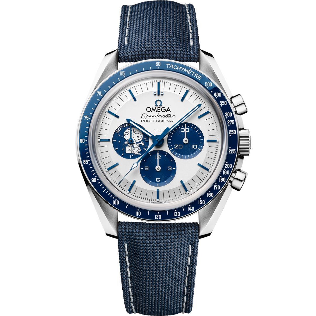 Omega Speedmaster Silver Snoopy Award 310.32.42.50.02.001 stainless steel watch with silver dial and blue ceramic