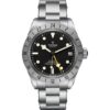 A front view of the Tudor Black Bay Pro watch on a stainless steel bracelet. It features a black dial with luminescent markers, a prominent yellow 24-hour hand, and a fixed stainless steel bezel with a 24-hour scale.